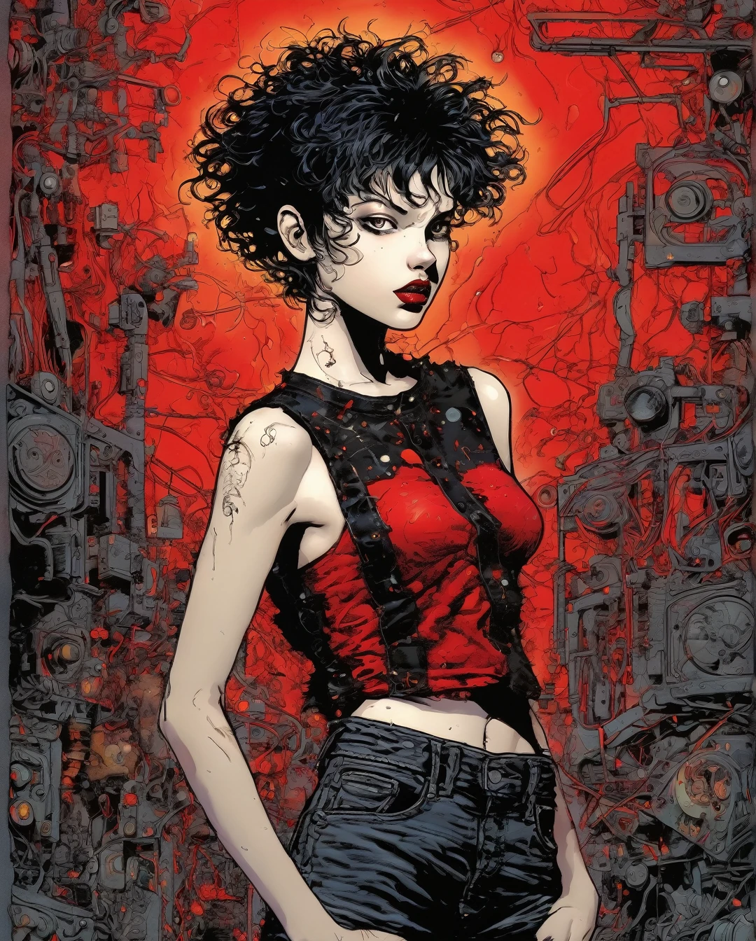 a full-body, high-resolution anime style of a rebellious teenage female punk rocker with short curly black hair, thin face, intense red lips, sleeveless black top, and tight black denim pants, inspired by the works of Yoshiaki Kawajiri, vibrant and edgy, with dramatic lighting and dynamic composition ((by Philippe Druillet)) 