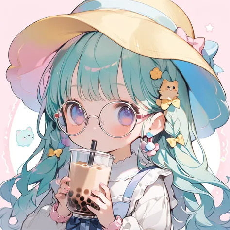 Yellow and white pastel aesthetic kawaii chibi girl with long hair, wearing glasses and a hat holding a boba tea glass mug in he...