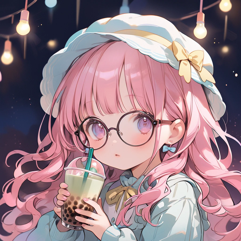 Yellow and white pastel aesthetic kawaii chibi girl with long hair, wearing glasses and a hat holding a boba tea glass mug in her hand, on the cover of an illustration book for children "pastell", pastel illustrations in the style of simple, cute, kawaii