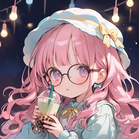 Yellow and white pastel aesthetic kawaii chibi girl with long hair, wearing glasses and a hat holding a boba tea glass mug in he...