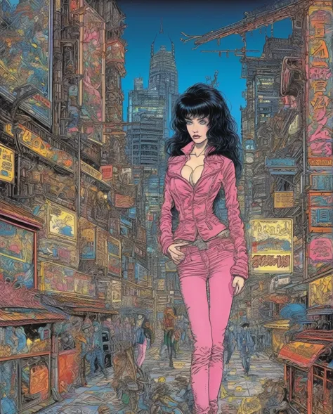gothic Black jeans and pink jacket ,sexy girl with black hair blue eyes and , in the background Japanese city at night,next to a...