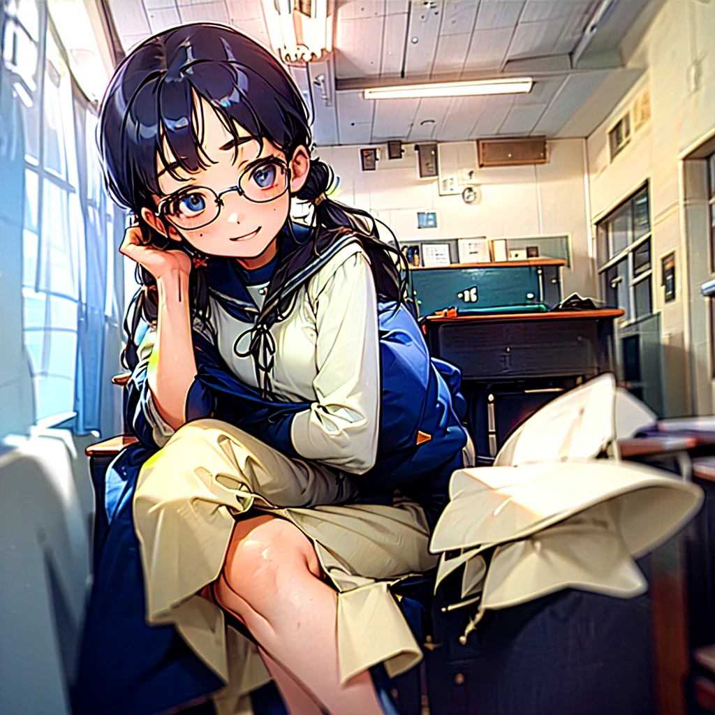 (best quality, masterpiece, high-resolution),
a girl, 15yo,
sitting on chair,
low pigtails, (low twin tails:1.2), black hair,
navy blue , sailor uniform,
school,
kyoushitsu, classroom, indoors, school chair, school desk, chalkboard, window, ceiling light, curtains,
front,
gentle smile,