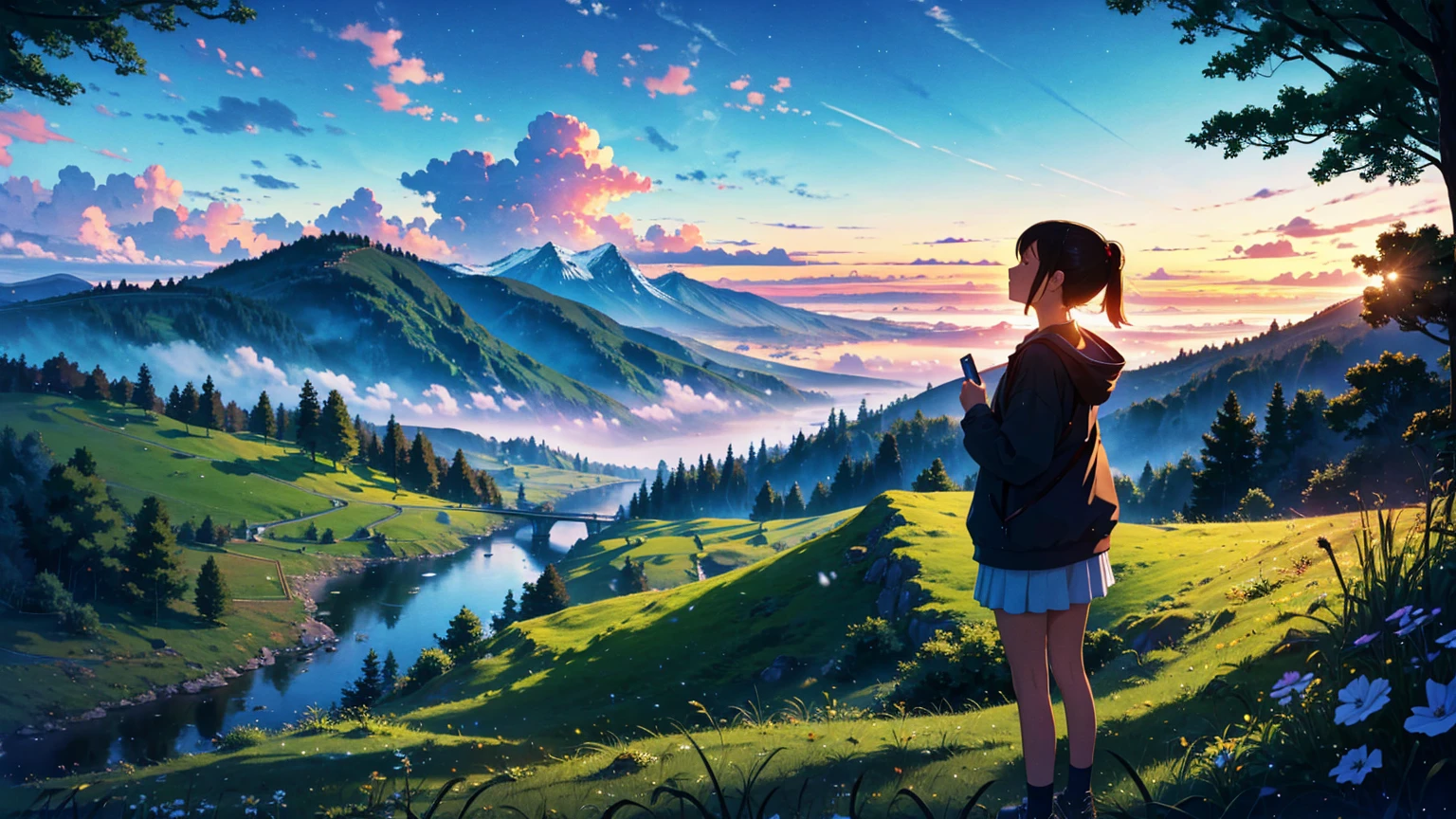 Landscape of nature and girl looking at the sky while listening to music 