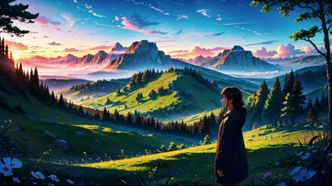 landscape of nature and girl looking at the sky while listening to music