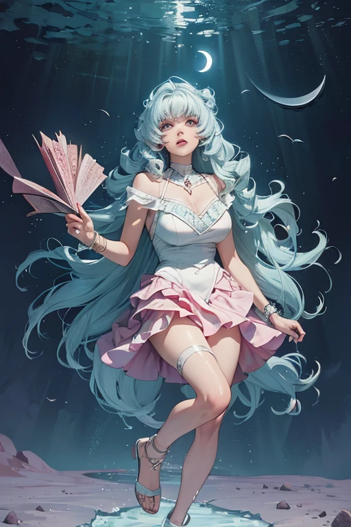 woman((Surrounded by moonlight)) In the crater ((open one&#39;s eyes)) Wearing a suit of armor with galaxies on the surface (((Full and soft breasts,)))(((Large Breasts))) (((Cleavage)))((Holding a pink owl with green eyes. Short beak. ((A girl with blue-green mixed with blue hair，Wearing a pink oyster diamond hairpin in her hair))(( whole body) Sailor Moon, Medium、Cover bust, uniforme Sailor Moon, Kawaii, Pink hair, blue, Very long lavender, Crystal Castles, There are 4 long angel wings on the back，Energetic, Giant silver scepter, Huge gold crystal, Silver crown on head