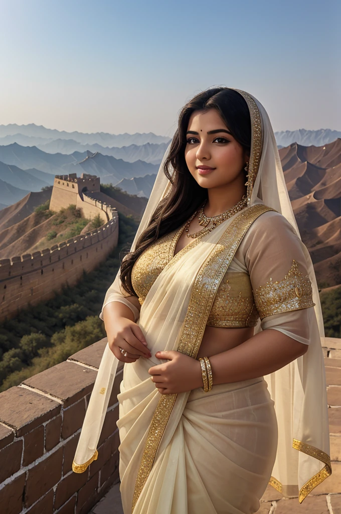 1 Heavenly beautiful and goddess beauty cute and sweet looking face Arabian female in front of Great Wall of China, Heavenly beautiful Overweight, Heavenly beautiful Extremely fat, Heavenly beautiful and attractive Chubby figure , Heavenly beautiful looking and eye catching luxury style elegant saree , reaching out, Heavenly beautiful Arabian woman, 16k, High resolution, masterpiece, highest quality, fine skin, outside view, Realistic Photograph