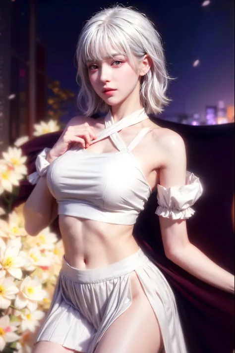 realistic, 1girl, white hair, purple eyes, glowing eyes, crop top, skirt, parted lips, blush, night, flowers, sun, sunlight,