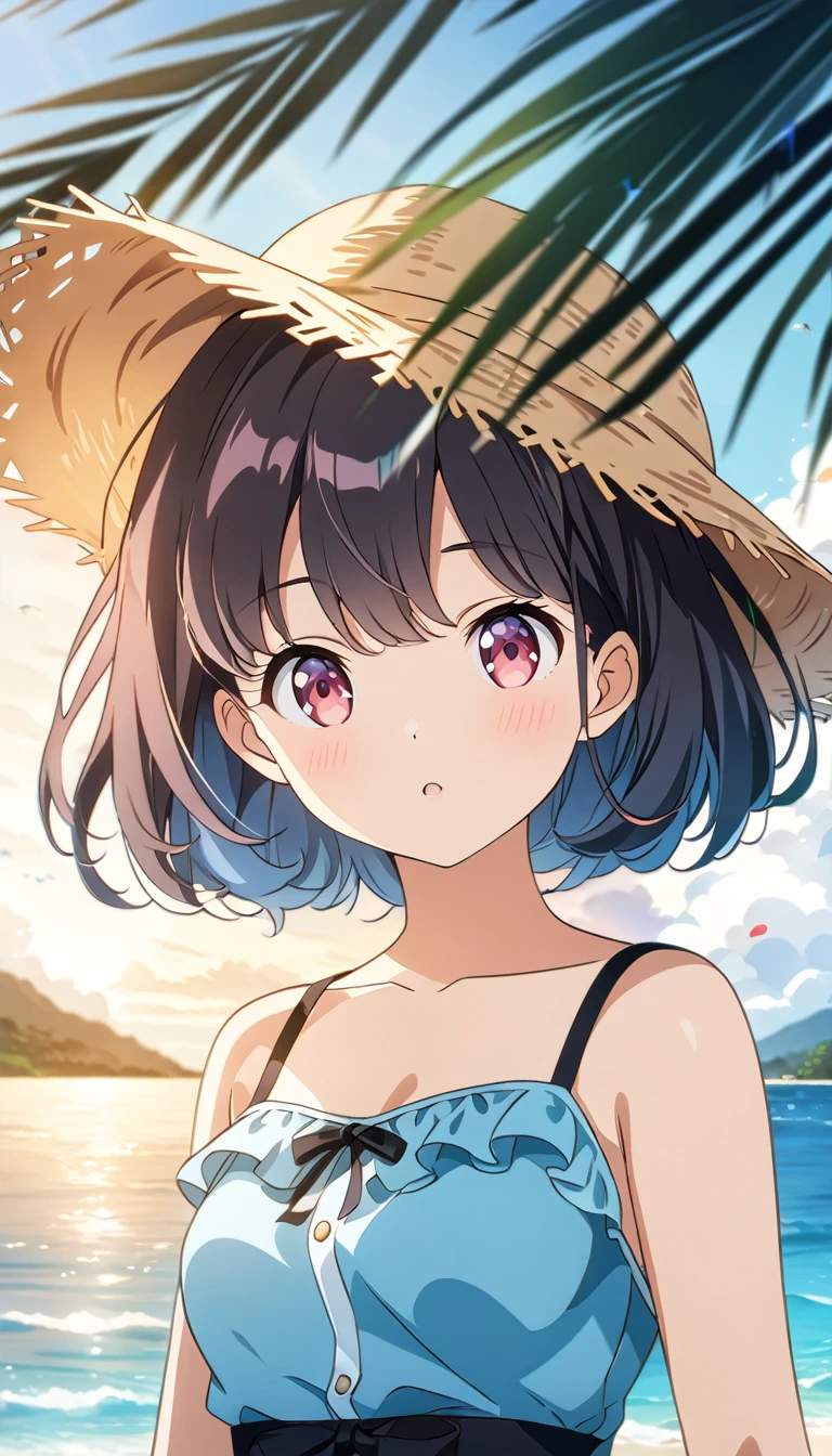 (masterpiece, Highest_quality), Very familiar with CG Unity 8K Wallpaper, wonderful_OK_shape, Break 1 Girl, Long black hair with a straw hat, Small breasts, (Glamorous look), Red eyes, Anime Style 4k, Beautiful anime portraits, Anime Moe Art Style, anime art wallpaper 4k, High quality anime art style, Anime style portrait, Familiar with digital animation art, Anime Art Wallpapers 8K, Cute Anime Girl Portrait, Hawaii Background, blue sea, Palm tree, sunlight, whole body, Breaking Depth of Field, Perfect hands, nice refer tos, 5_refer to, 4_refer to,1_親refer to,