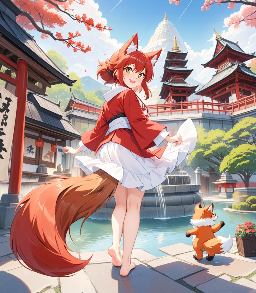 score_9, score_8_above, score_7_above, score_6_above, fountain_cheered up, classification_safe, Dagasi_Style, furry, Temple, fox girl, session, low view, from behind, soles to the viewer, showing soles, smiling, paws, 3 toes, barefoot, paws