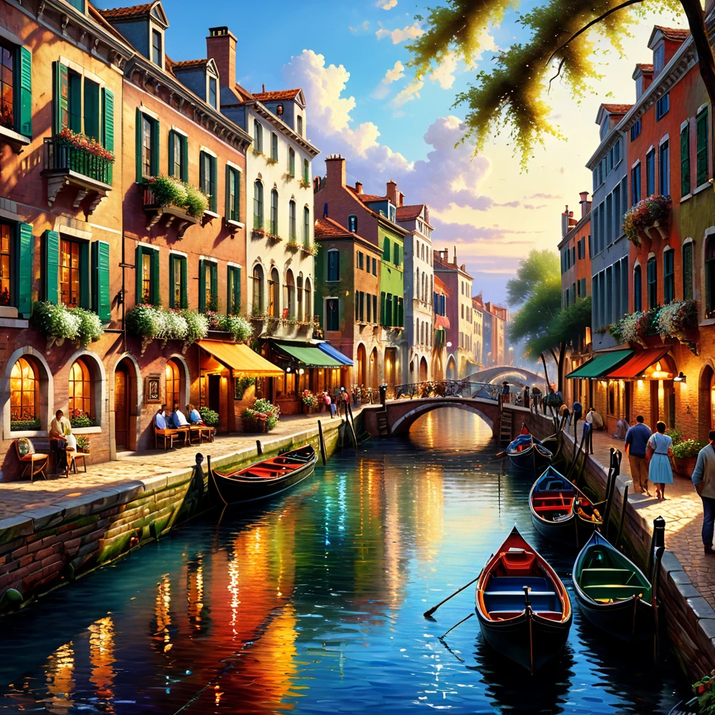 pintura de um canal com barcos e pessoas nele, bela arte uhd 4k, Pintura a óleo detalhada de 8 k hd, cidade de cores imaculadas, bela pintura a óleo fosca, bela paisagem urbana, 4k fosco thomas kinkade, pintura detalhada 4k, arte de cenário, linda arte digital, pintura a óleo 4k, pintura a óleo 4k, arte de cenário detalhada, arte de tirar o fôlego