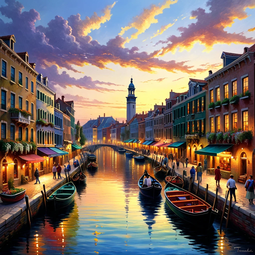 pintura de um canal com barcos e pessoas nele, bela arte uhd 4k, Pintura a óleo detalhada de 8 k hd, cidade de cores imaculadas, bela pintura a óleo fosca, bela paisagem urbana, 4k fosco thomas kinkade, pintura detalhada 4k, arte de cenário, linda arte digital, pintura a óleo 4k, pintura a óleo 4k, arte de cenário detalhada, arte de tirar o fôlego