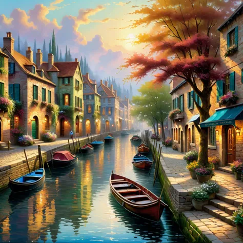 painting of a canal with boats and people on it, a fine art painting by thomas kinkade, shutterstock, modern european ink painti...