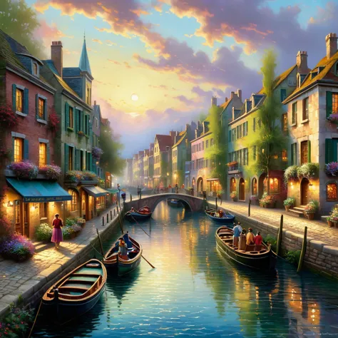 painting of a canal with boats and people on it, a fine art painting by thomas kinkade, shutterstock, modern european ink painti...