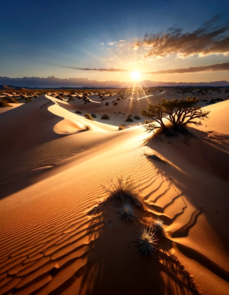 detailed fantasy desert landscape, dramatic sunrise, sun peeking over the horizon, golden rays of light, vast sandy dunes, winds...