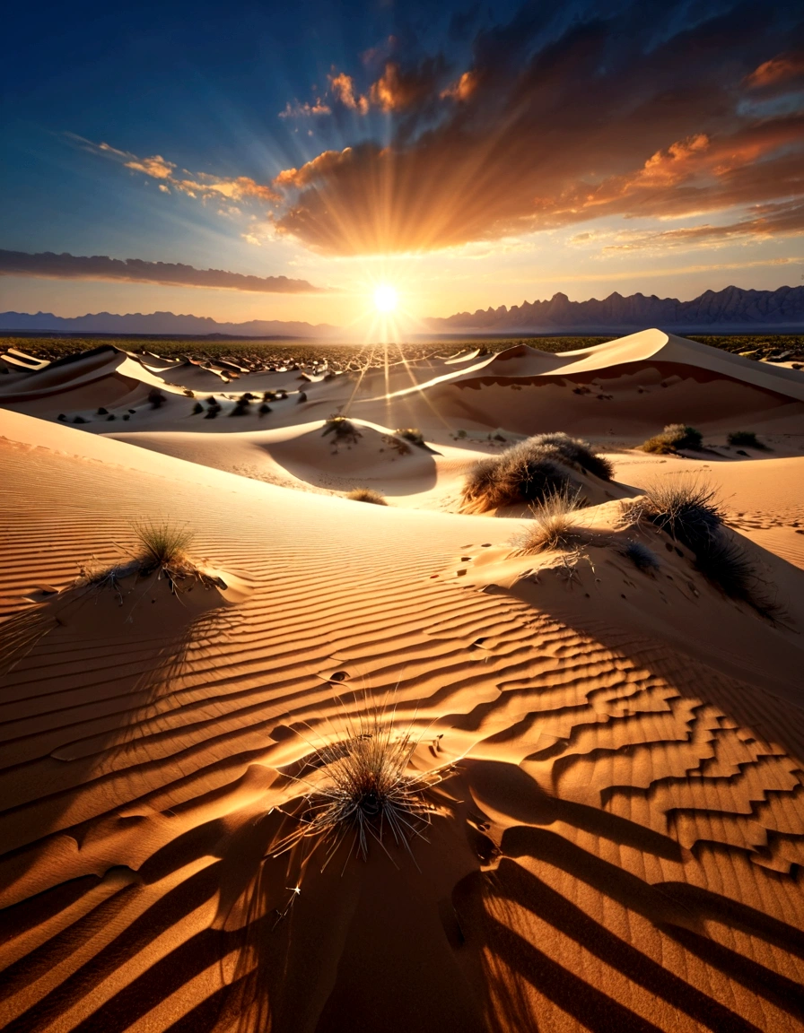 paysage désertique fantastique détaillé, Lever de soleil spectaculaire, le soleil regarde à l&#39;horizon, rayons de lumière dorés, de vastes dunes de sable, rochers balayés par le vent, végétation clairsemée, ciel bleu cristallin, Éclairage cinématographique, très détaillé, Photoréaliste, 8k, chef-d&#39;œuvre, art numérique professionnel