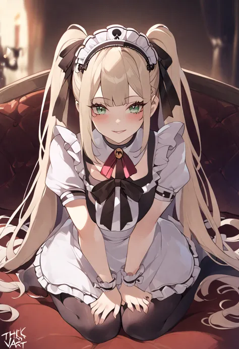 marie rose, maid uniform, headdress, black stockings, mansion, thiccwithaq art style, marie rose, cute, lewd,