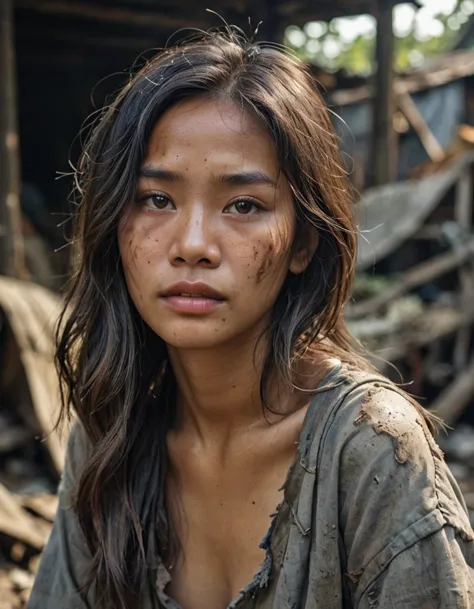 portrait a 25 years old cambodian woman, detailed face, large breasts, very long hair, shabby torn dirty fabrics, conveying pove...