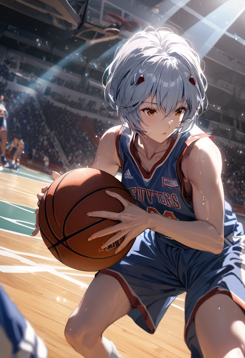 (Mastepiece, best quality, absurdres), close up shot, 1girl, ayanami rei, light blue hair, short hair, mature female, holding a basketball in hand, wearing a basketball jersey, basketball court, looking at wiewer, sweating, 8k intricate illustration, dynamic pose, cinematic lighting, volumetric lighting, vibrant colors, ray tracing, intricate details, 