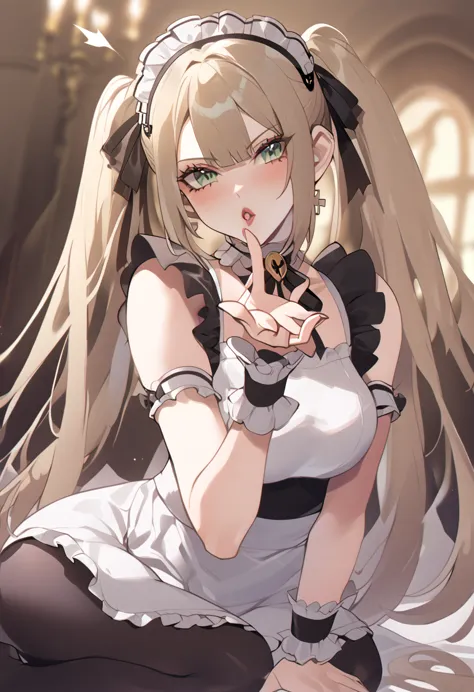 marie rose, maid uniform, headdress, black stockings, mansion, thiccwithaq art style, marie rose, cute, lewd, sexy, blowing kiss...