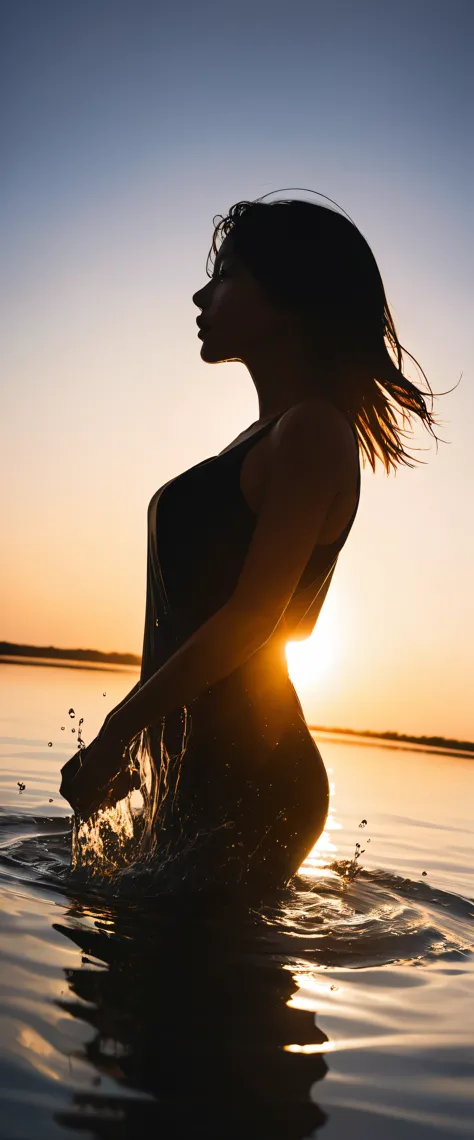 ((sunrise time)), silhouette, Minimalism, early morning, A slim woman cleansing herself by the water with the morning sun reflecting off her, Curvaceous woman, drenched in water, Adult sex appeal, (Backlight:0.2), aesthetic, (dynamic shot from below:1.3, shot from grand:1.6), BREAK Highest Quality, Highest quality, Highest Resolution, Super Retina,