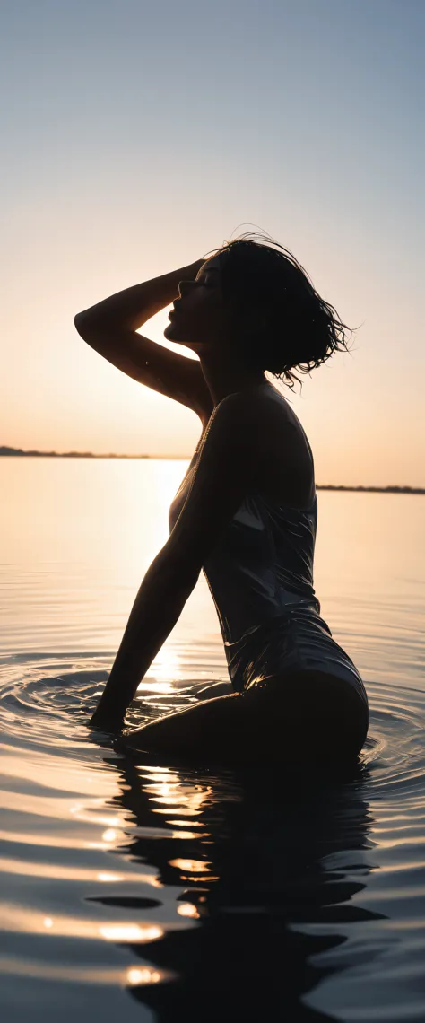 (sunrise time, silhouette, Minimalism, early morning), A slim woman cleansing herself by the water with the morning sun reflecting off her, Curvaceous woman, drenched in water, Adult sex appeal, Backlight, aesthetic, (dynamic shot from below:1.3), BREAK Highest Quality, Highest quality, Highest Resolution, Super Retina,