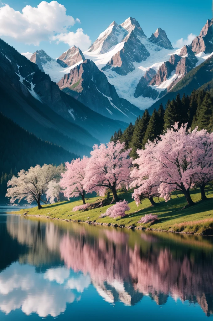 landscape, colorful, pink flowers, sun, tree, mountain, sky, water, clouds, birds, ultra had, (masterpiece,best quality:1.5)