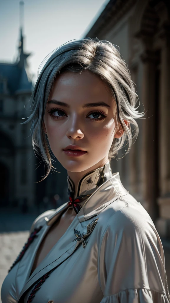 A adult girl in realistic portrait of high quality and detail, Arlecchino (genshin impact), 2000's movie style, french girl, dark and mysterious atmosphere, pale skin, glow, eye shadow, 1girl, thriller fantasy, Depth & Perspective, sadness on her face, short silver hair, She has black eyes with red cross-shaped pupils, Mystical powers, french old traditional clothes, fine face, standing on a hill, outside, the royal palace of the 19th century on the background, blue sky, white cloud, looking at viewer, (ultra-high detail:1.2), Masterpiece, Best Quality, Ultra-detailed, Cinematic lighting, 8K, delicate features, cinematic, 35 mm lens, f/1.9, highlight lighting, global lighting –uplight –v 4, cinematic, intense gaze, Cinematic lighting, 8K, high quality, Highest Quality, (Solo Focus), (extremly intricate:1.3), (Realistic), dramatic, masterful, Analog style, (Film grain:1.5), (warm hue, cold tone), a close up of a person surrounded, destruction behind back