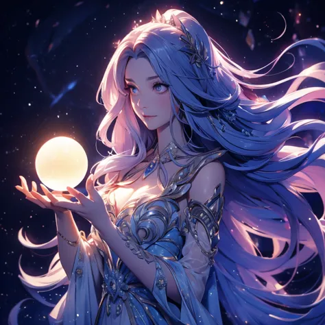 a woman in a long, flowing dress holding a crystal ball in her hand. The crystal ball is filled with a glowing, magical light th...
