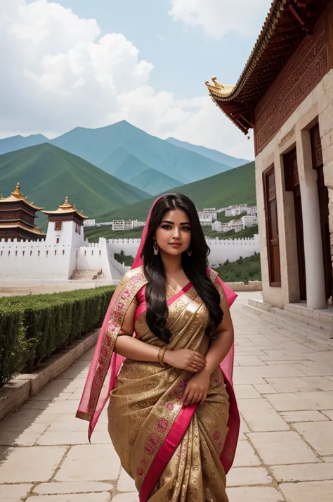 1 heavenly beautiful and goddess beauty cute and sweet looking face arabian female in front of potala palace, china, heavenly be...