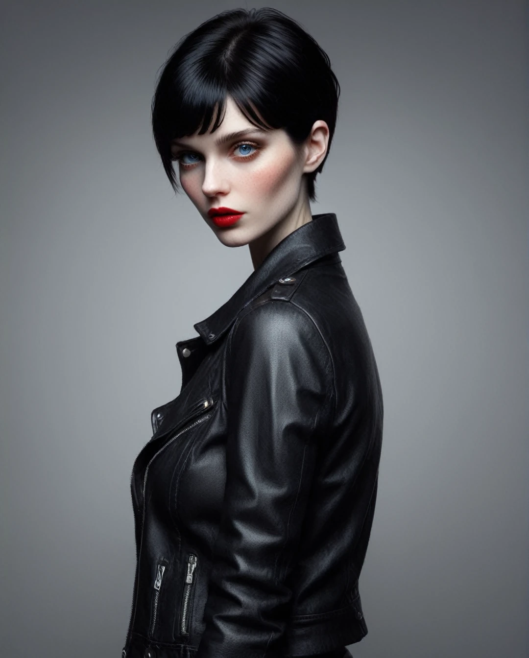 1 girl, pale skin, pixie short black hair with bangs , blue eyes, full red lips, big breasts, leather jacket, tight leather jeans, tight black t-shirt.. Very,DonMD3m0nXL by diegocr,Roger Deakins Style 