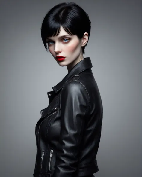 1 girl, pale skin, pixie short black hair with bangs , blue eyes, full red lips, big breasts, leather jacket, tight leather jean...