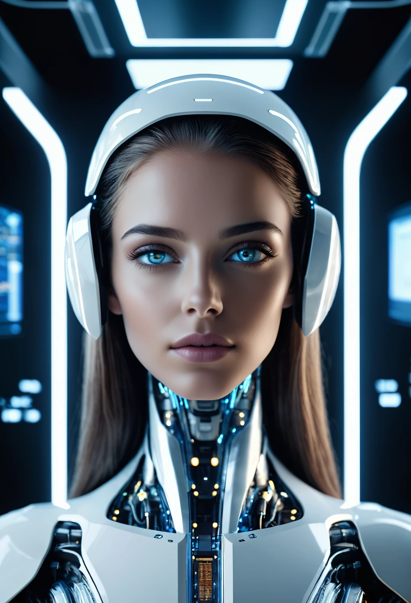 photorealistic, Futuristic representation of a half-human, half-machine AI mind, located in a clean room with cutting-edge technology, Futuristic Aesthetic. Great technological innovation, présentant les avancées de pointe dans ce domaine. Very high quality image, avec une attention exceptionnelle aux détails, Des couleurs vives, and a feeling of depth and realism.

fille humaine, beautiful detailed eyes, beautiful detailed lips, extremely detailed face, long cils, advanced neural interface, glowing fils, white and elegant bedroom, futuristic technology, advanced computer systems, holograms, studio lighting, 8K, photorealistic, cinematic, dramatic lighting, couleurs vives, super detailed