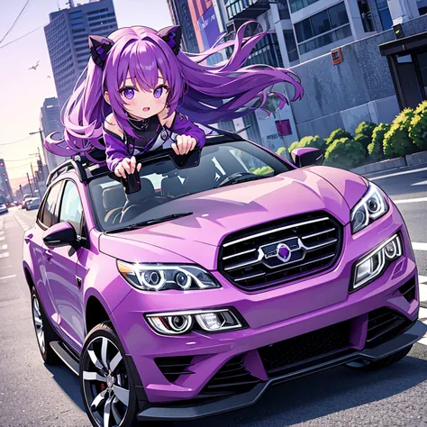 purple girl rides a car