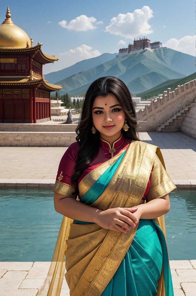 1 Heavenly beautiful and goddess beauty cute and sweet looking face Arabian female in front of Potala Palace, China, Heavenly beautiful Overweight, Heavenly beautiful Extremely fat, Heavenly beautiful and attractive Chubby figure , Heavenly beautiful looking and eye catching luxury style floral saree , reaching out, Heavenly beautiful Arabian woman, 16k, High resolution, masterpiece, highest quality, fine skin, outside view, Realistic Photograph