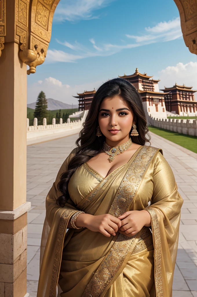 1 Heavenly beautiful and goddess beauty cute and sweet looking face Arabian female in front of Potala Palace, China, Heavenly beautiful Overweight, Heavenly beautiful Extremely fat, Heavenly beautiful and attractive Chubby figure , Heavenly beautiful looking and eye catching luxury style floral saree , reaching out, Heavenly beautiful Arabian woman, 16k, High resolution, masterpiece, highest quality, fine skin, outside view, Realistic Photograph