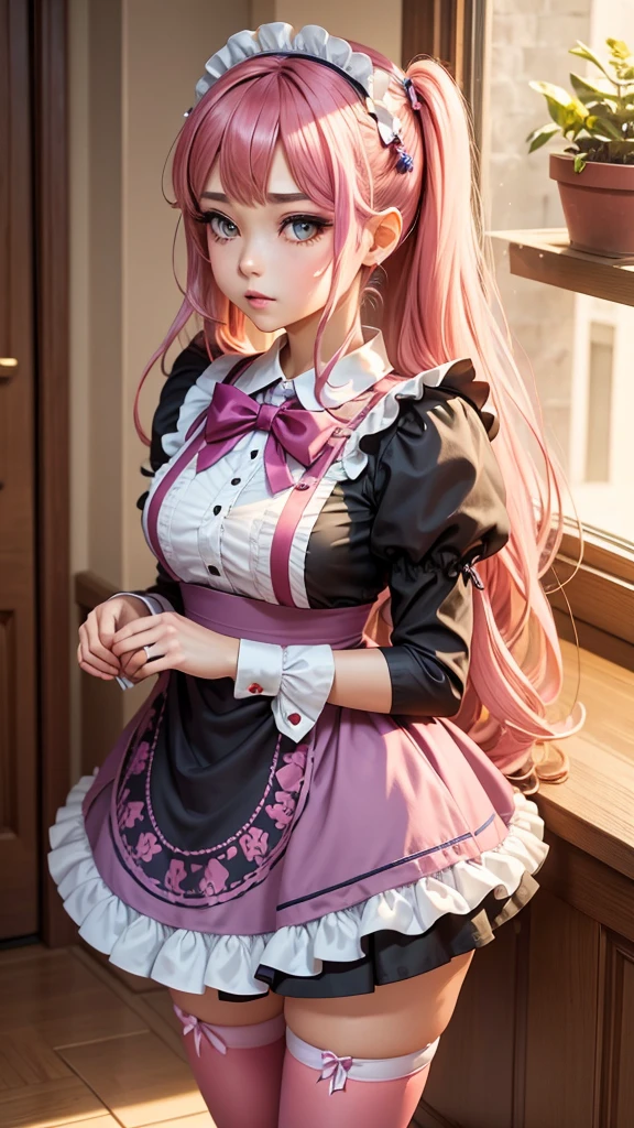 1girl, apron, bow, cube hair ornament, dress, frills, gloom (expression), hair ornament, heart, heart hands, long hair, looking away, maid, maid apron, maid headdress, mary janes, one side up, pink hair, shaded face, shoes, short dress, solo, sweatdrop, thighhighs, white thighhighs, zettai ryouiki, 