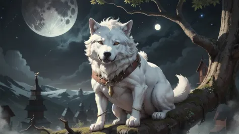 A white Big Fantasy Wolf sitting on top of a tree branch next to a moon