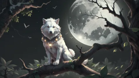 A white Big Fantasy Wolf sitting on top of a tree branch next to a moon