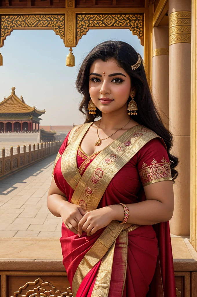 1 Heavenly beautiful and goddess beauty cute and sweet looking face Arabian female in front of Forbidden City, China, Heavenly beautiful Overweight, Heavenly beautiful Extremely fat, Heavenly beautiful and attractive Chubby figure , Heavenly beautiful looking and eye catching luxury style Kancheepuram Saree , reaching out, Heavenly beautiful Arabian woman, 16k, High resolution, masterpiece, highest quality, fine skin, outside view, Realistic Photograph