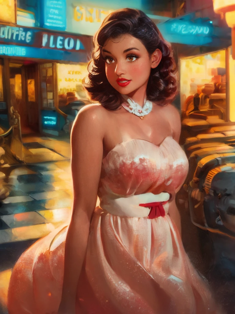 1girl, detailed facial features, beautiful intricate eyes, alluring red lips, long eyelashes, delicate skin, dynamic pose, elegant vintage dress, retro pin-up style, cinematic lighting, warm color palette, (best quality,4k,8k,highres,masterpiece:1.2),ultra-detailed,(realistic,photorealistic,photo-realistic:1.37),cinematic,dramatic,film noir, 