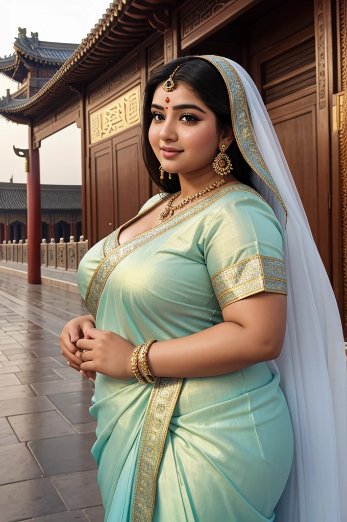 1 Heavenly beautiful and goddess beauty cute and sweet looking face Arabian female in front of Forbidden City, China, Heavenly beautiful Overweight, Heavenly beautiful Extremely fat, Heavenly beautiful and attractive Chubby figure , Heavenly beautiful looking and eye catching luxury style Kancheepuram Saree , reaching out, Heavenly beautiful Arabian woman, 16k, High resolution, masterpiece, highest quality, fine skin, outside view, Realistic Photograph