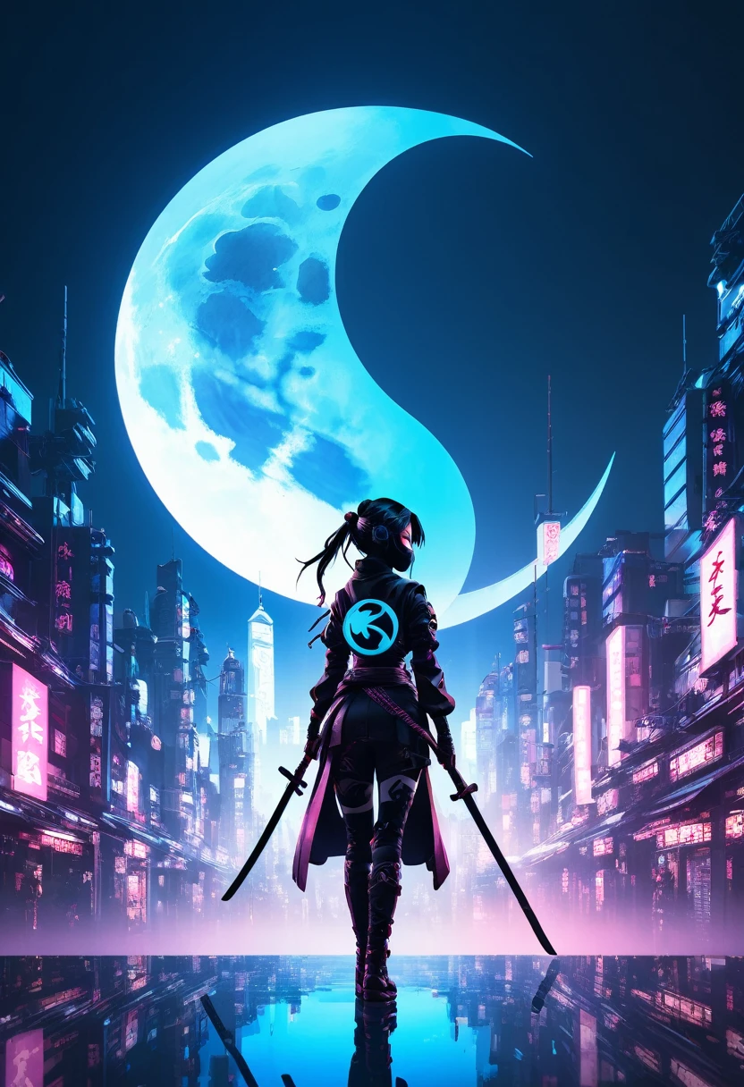  Kumpelstück, Kunoichi, Logo, Monotonie, Mond, Tiefenschärfe, (Holografischer Leuchteffekt:1.3), Doppelgefährdung, cyberpunk city, Silhouette, Meisterwerk,