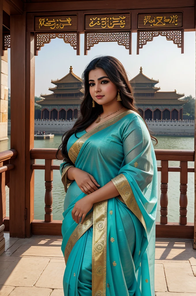 1 Heavenly beautiful and goddess beauty cute and sweet looking face Arabian female in front of Forbidden City, China, Heavenly beautiful Overweight, Heavenly beautiful Extremely fat, Heavenly beautiful and attractive Chubby figure , Heavenly beautiful looking and eye catching luxury style Kancheepuram Saree , reaching out, Heavenly beautiful Arabian woman, 16k, High resolution, masterpiece, highest quality, fine skin, outside view, Realistic Photograph