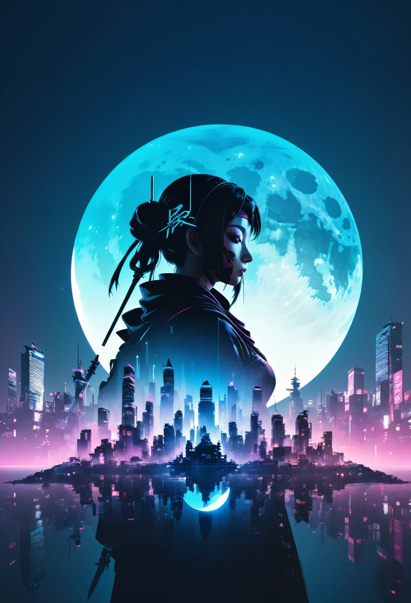  mate piece, Kunoichi, logo, monotony, moon, depth of field, (holographic glow effect:1.3), double exposure, cyberpunk city, silhouette, masterpiece,