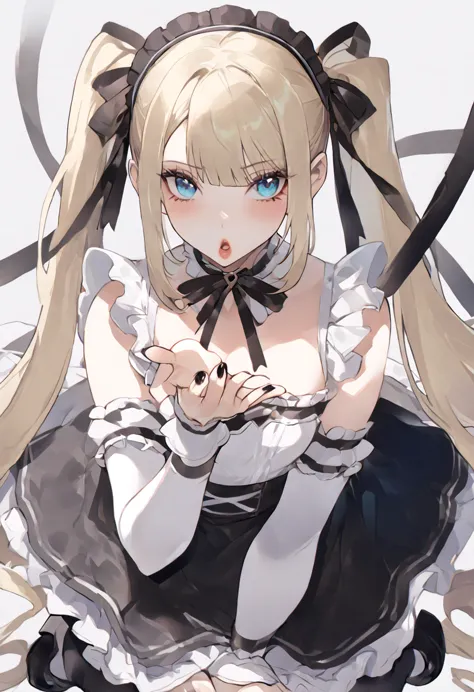 marie rose, maid uniform, headdress, black stockings, mansion, thiccwithaq art style, marie rose, cute, lewd, sexy, blowing kiss...