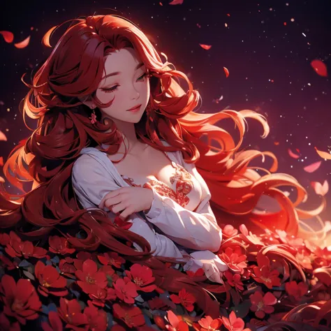 a woman with long, curly red hair wearing a long, flowing flaming red dress with a high neckline and long sleeves, lying on a be...