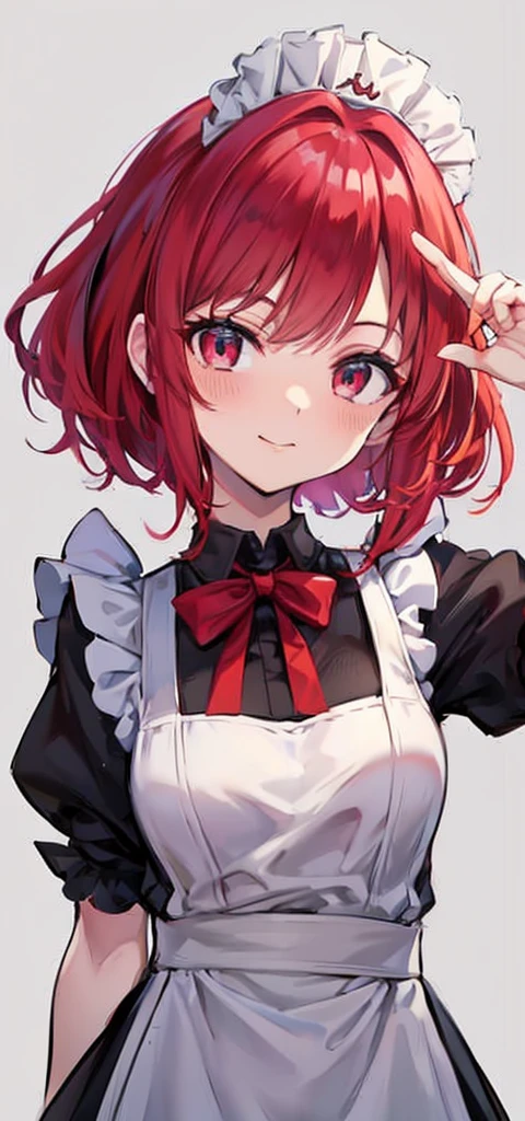 Red hair，Hair growing to the neck，Self-made roll，Black maid outfit，Cold expression，1.53 meters，Good posture，Sharp eyes，Smiling，Front view