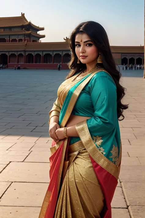 1 heavenly beautiful and goddess beauty cute and sweet looking face arabian female in front of forbidden city, china, heavenly b...