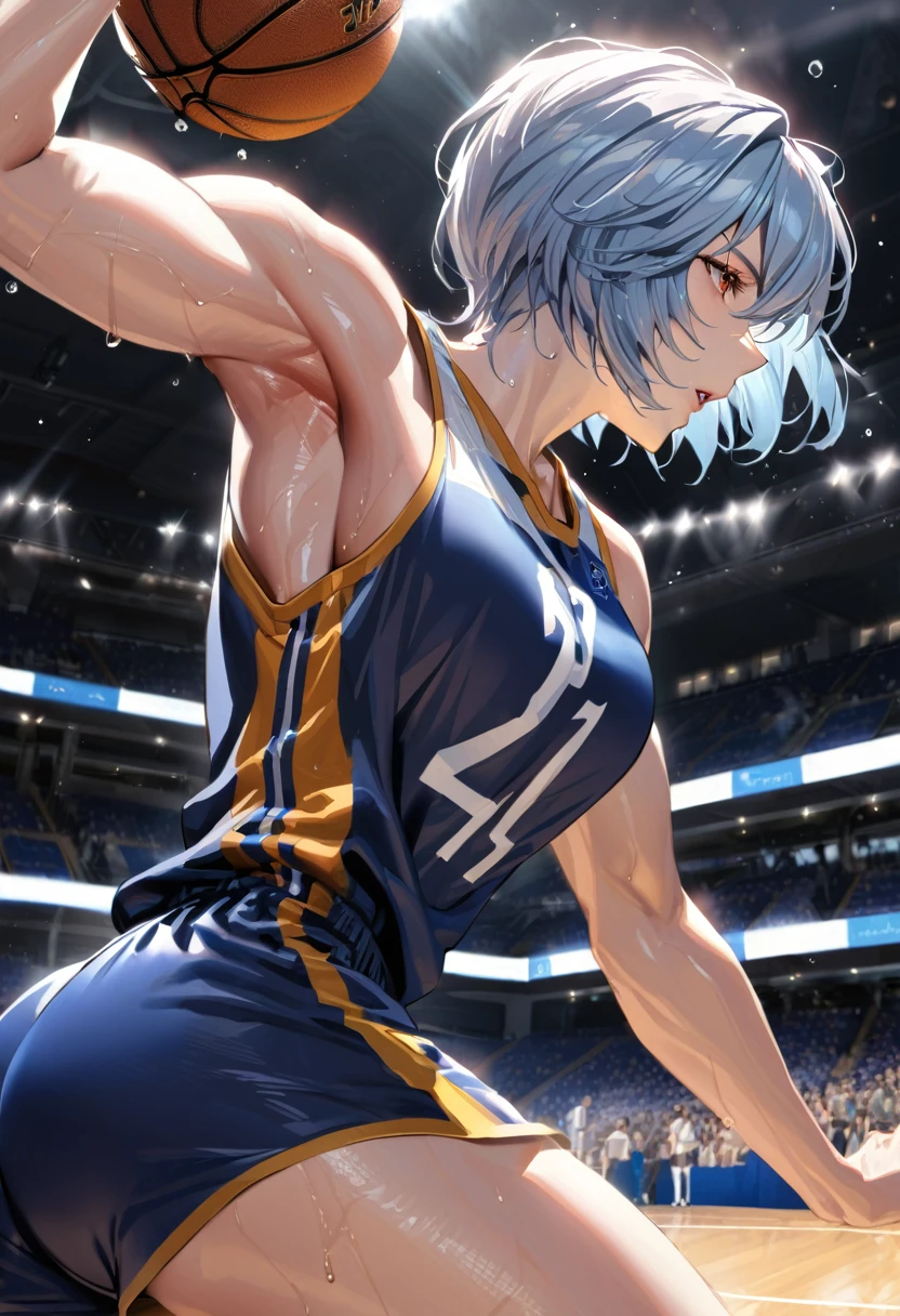 (obra maestra, mejor calidad, absurdos), fotografía de cerca, 1 chica, rei ayanami, pelo azul claro, cabello corto, mujer madura, sosteniendo una pelota de baloncesto en la mano, vistiendo una camiseta de baloncesto, cancha de baloncesto, Mirando a Wiewer, Transpiración, Cuerpo tonificado, medio , gran culo, Ilustración intrincada de 8k, pose dinámica, iluminación cinematográfica, iluminación volumétrica, Colores vibrantes, trazado de rayos, detalles intrincados, 