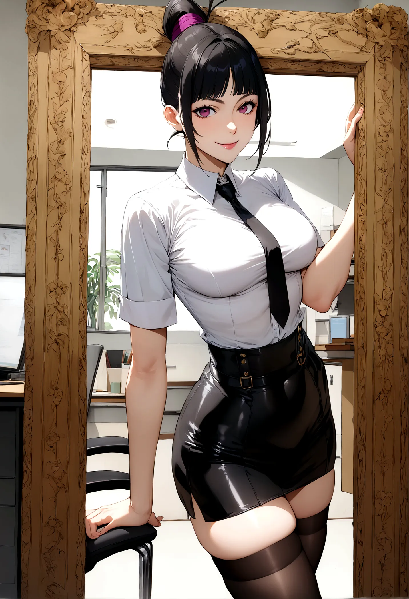 juri han, work of art, tight white secretary shirt with black tie, black high waist skirt, short skirt,stocking, black hair, bla...